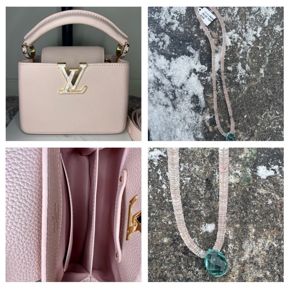 16.5 in Rose Quartz Rondelles w Blue Topaz Pendant, Magnetic Clasp Necklace